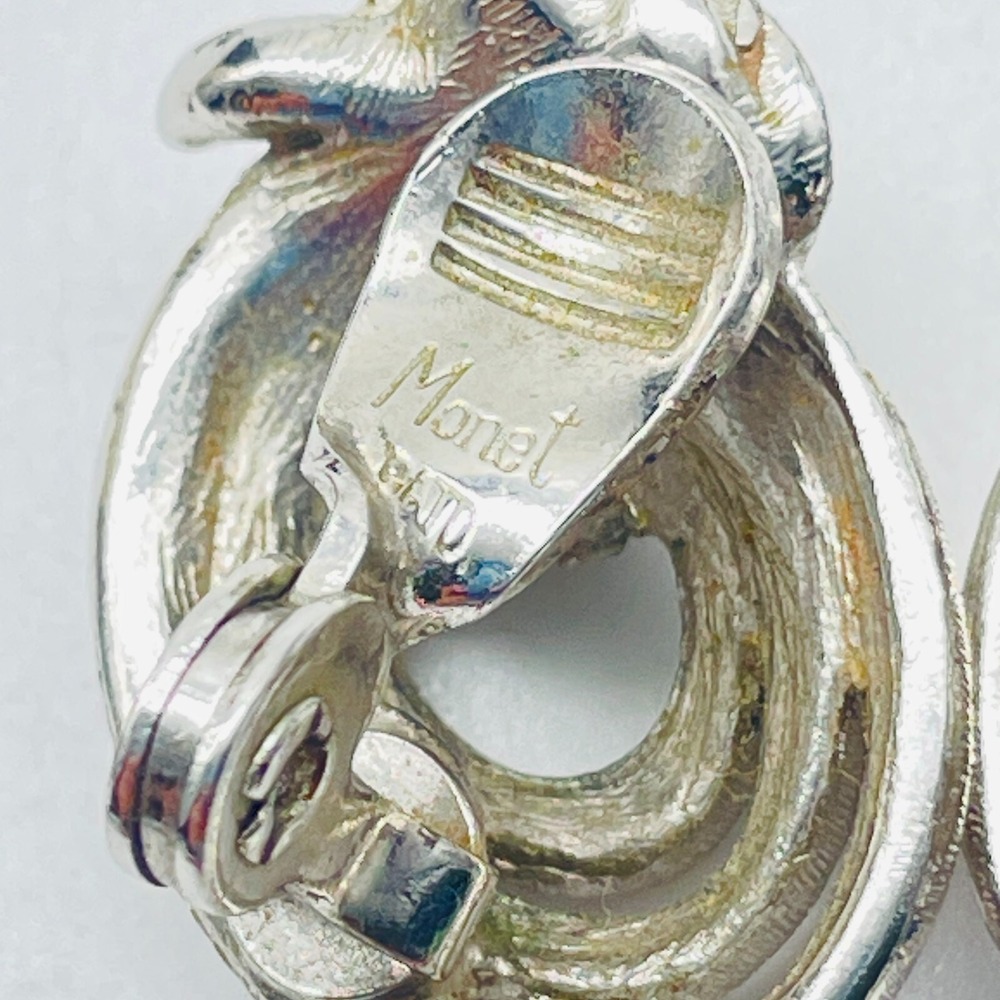 Monet Clip On Earrings Silver Tone Swirl Knot Textured Vintage Signed Classic - Picture 3 of 6